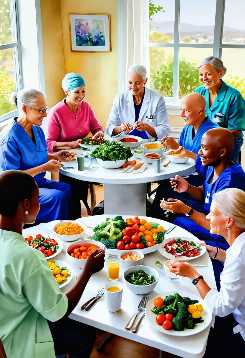 A heartwarming scene depicting a diverse group of cancer survivors engaging in a support group, sharing healthy meals prepared with colorful vegetables. In the background, modern medical tools symbolize advanced treatments. The atmosphere is filled with hope, compassion, and community. Soft lighting enhances the inviting setting. watercolor painting. vibrant colors.