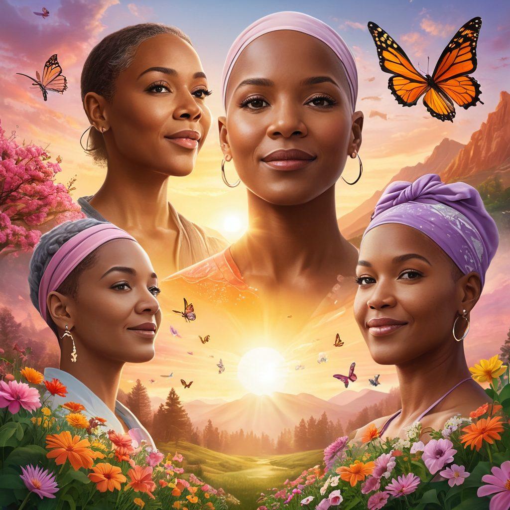 A collage of diverse individuals sharing their personal stories of cancer recovery, standing resilient against a backdrop of uplifting nature scenes like sunrise or blooming flowers. Include symbols of hope such as ribbons and butterflies, with warm and inspiring colors radiating positivity. The atmosphere should exude strength, community, and hope. super-realistic. vibrant colors. uplifting background.