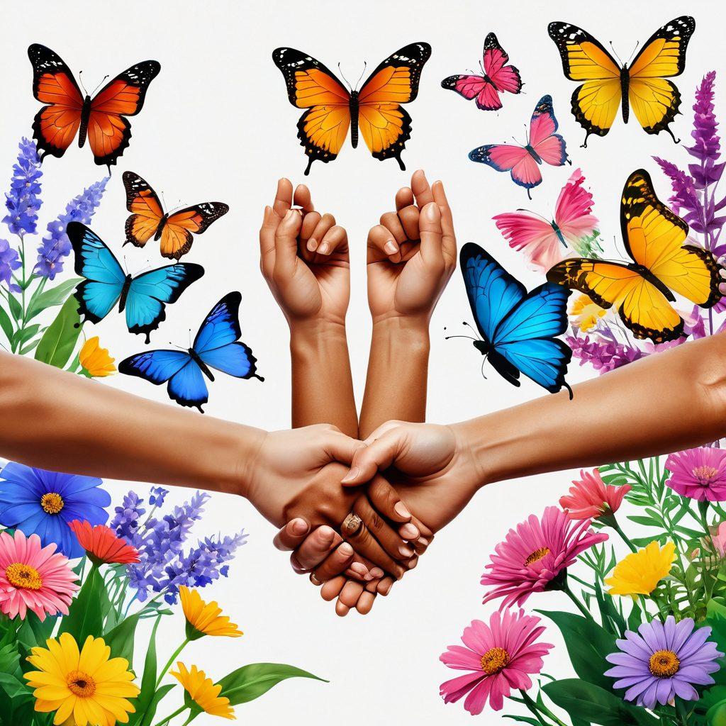 A bright and inspiring scene showcasing a diverse group of cancer survivors holding hands, surrounded by symbols of hope like butterflies and blooming flowers. In the background, abstract visuals of medical advancements in oncology intertwine with elements of holistic health, like herbs and wellness symbols. The atmosphere conveys empowerment and resilience with warm, uplifting colors. super-realistic. vibrant colors. white background.